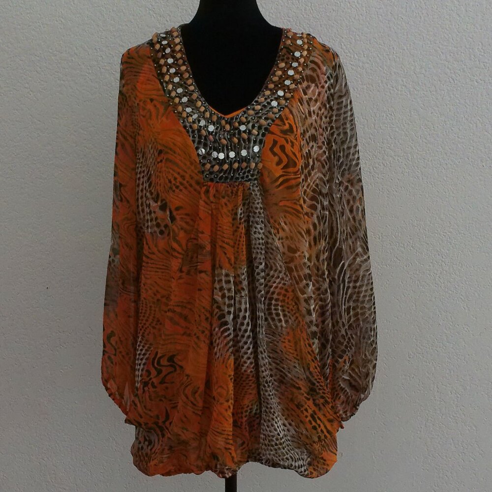 Orange color Paisley style blouse, with sequins shiny and wood beaded details